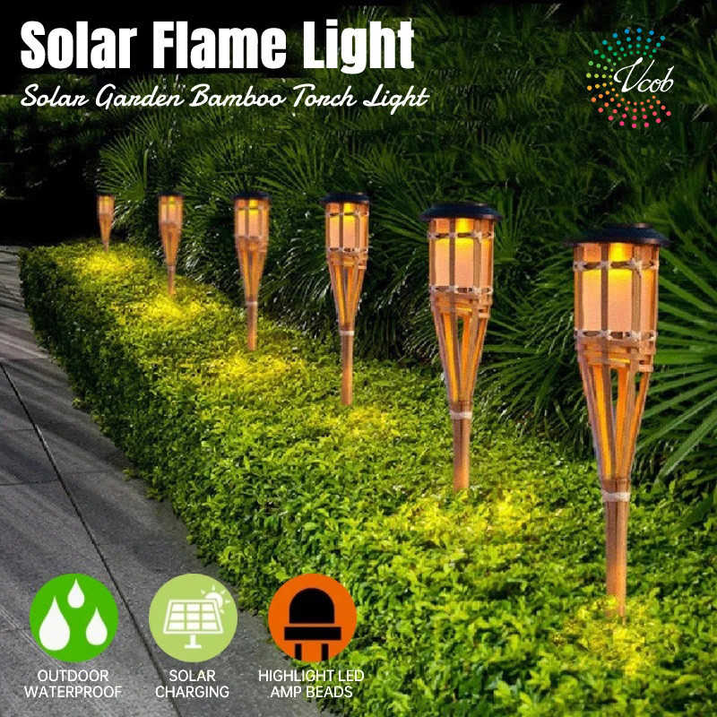 2PCS Raya LED Real Bamboo Solar Flame Light Lawn Lamp Outdoor Waterproof Automatic On/Off Torch Light Led Solar Garden