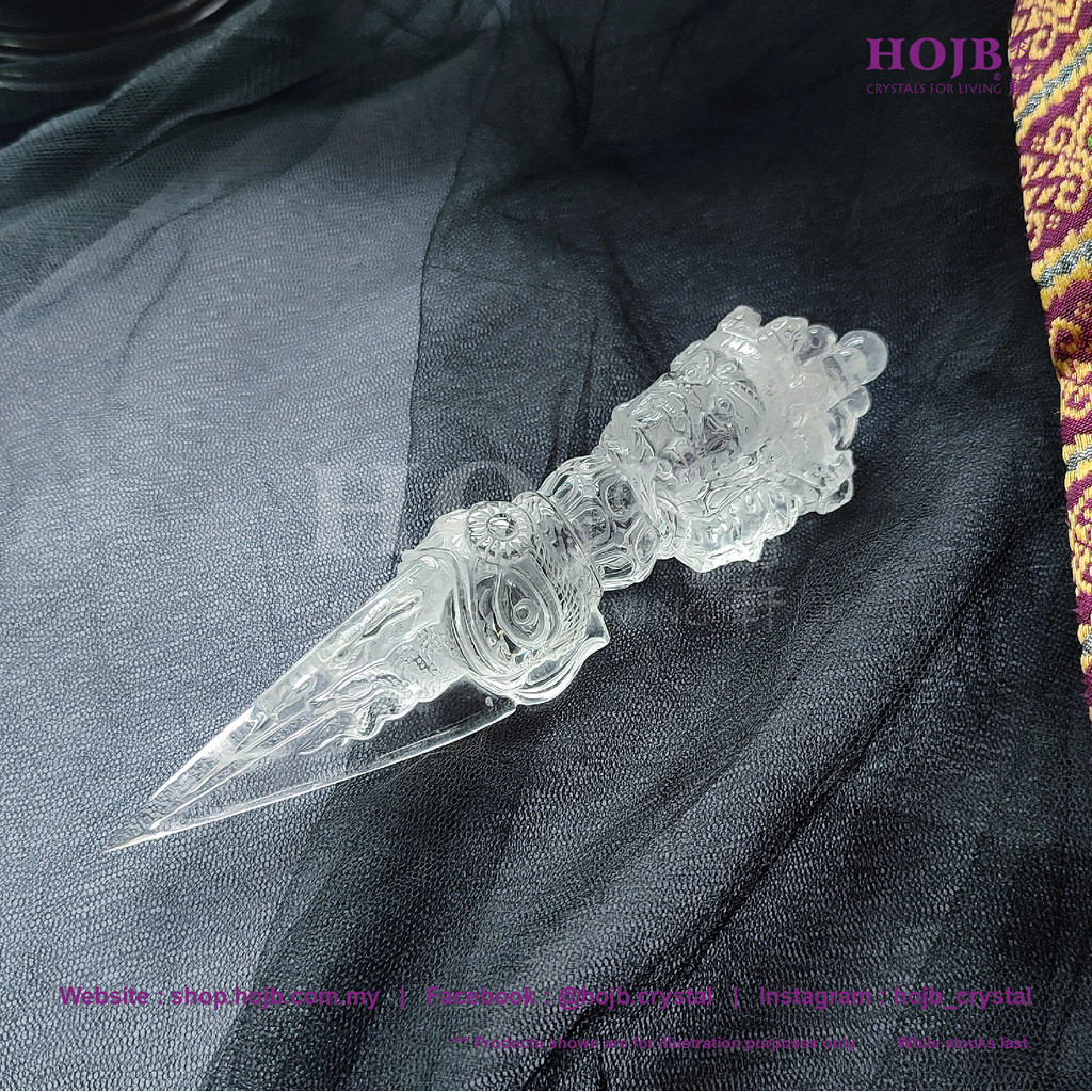 HOJB Brazilian Clear Crystal 6AA Dorje Phurba Fine Craft Feng Shui Ornament 40x165mm 聚寳軒巴西白水晶6AA精工金刚普巴(金刚降魔杵)吉祥风水摆件