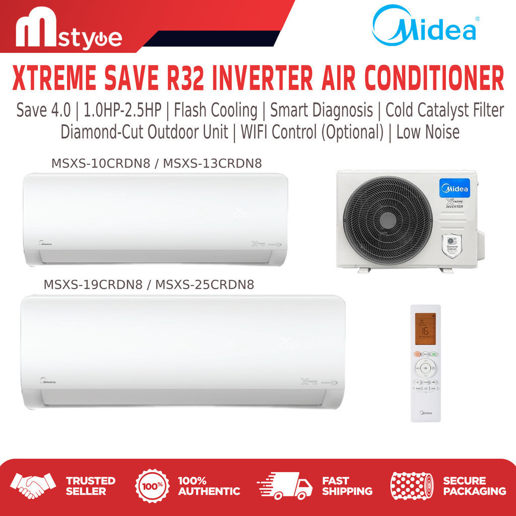 Midea Air Conditioner (1.0HP-2.5HP) Xtreme Save/dura R32 - Inverter MSXS-10CRDN8 & Non Inverter (MSGD-09,12,19, 24CRN8)