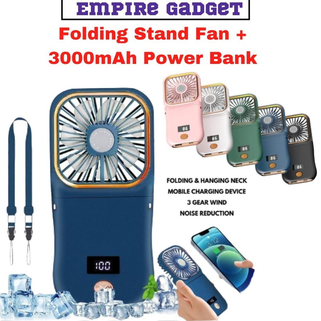 Kipas Portable 3000mAh Power Bank USB Folding Mini Fan Digital Display Hanging Neck Fan Kipas Mini Powerbank Charging
