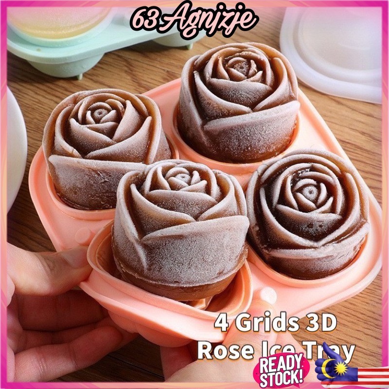 4 grid 3D Rose Ice Cube Tray Sky Blue Flexible Silicone BPA FREE Tray Ice Ball Whiskey Individual Tray