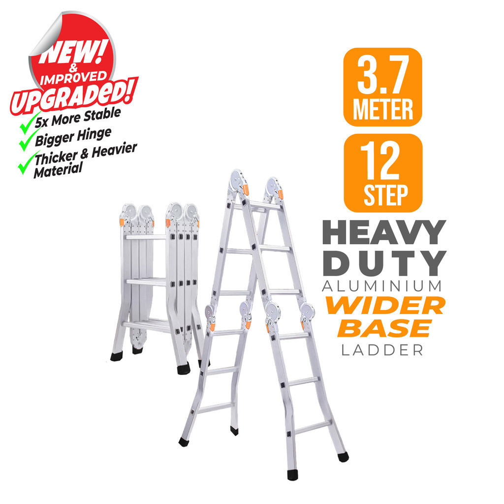 3.7M 12 Step Wider Base Heavy Duty Foldable Ladder Multipurpose Aluminium Folding Long Ladder Tangga Lipat Panjang