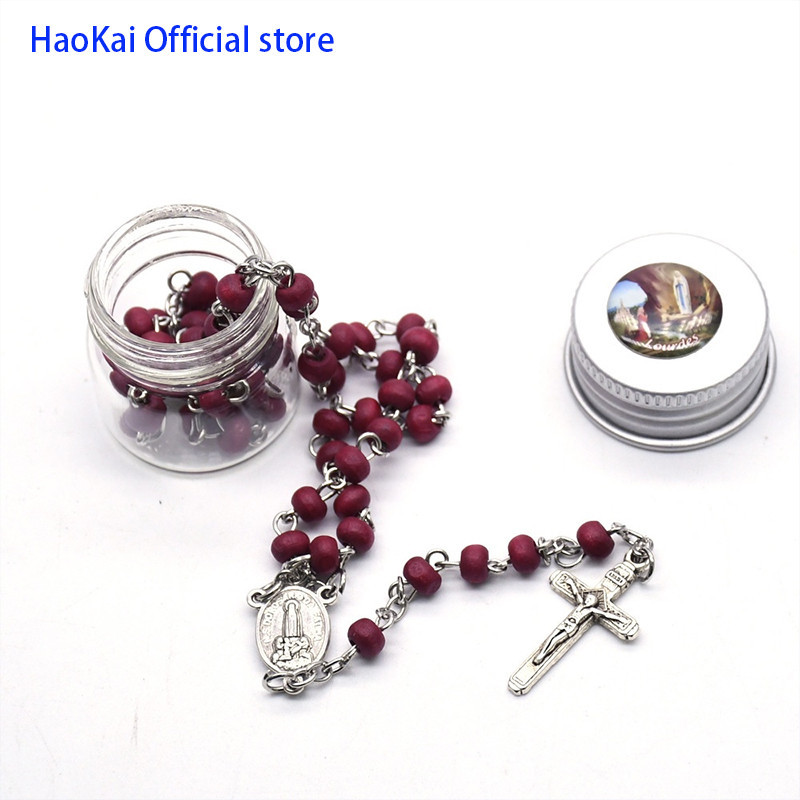 【 Religious Jewelry 】 Haokai 4 * 5mm Rose Fragrant Bead Recitation Necklace Cross Necklace Fatima Gift