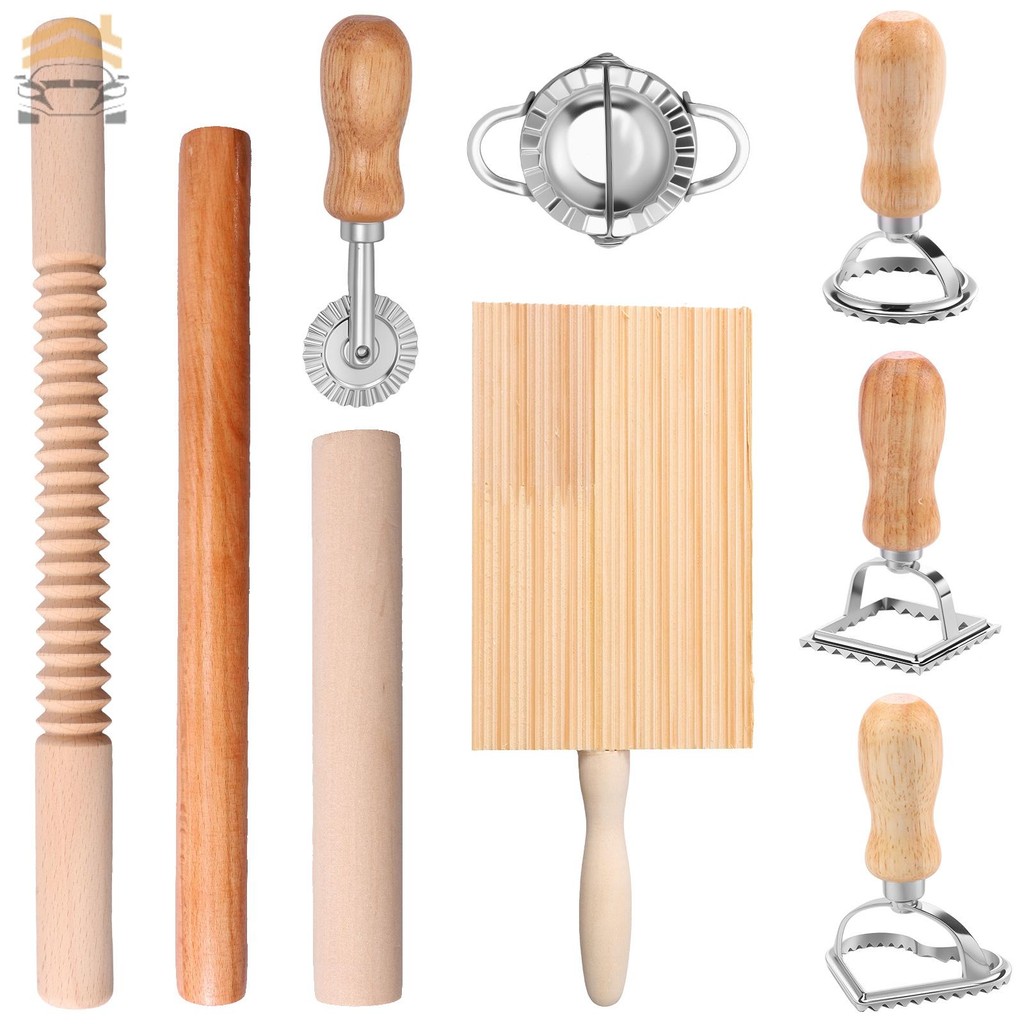 9 Pcs Pasta Making Tools DIY Pasta Making Kit Versatile Pasta Making Tool Set with Gnocchi Board Dough Cutter Dumpling Maker Ravioli Stamp Cutters Rolling Pins SHOPTKC2526
