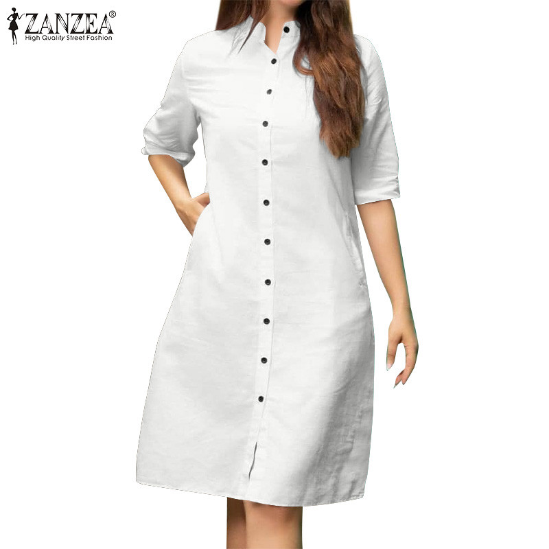 ZANZEA Women Vintage Half Sleeve Stand-Up Collar Single-Breasted Button Pocket One-Piece Dresses