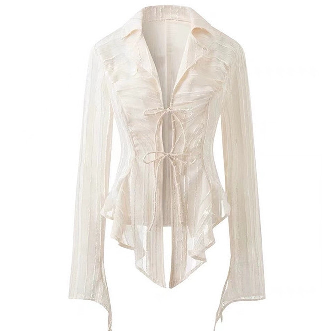 ?Zsndp?[Ready Stock In Malaysia]Korean style women ladies loose chiffon ruffle irregular lace-up long sleeve shirt blouse shirt women shirt