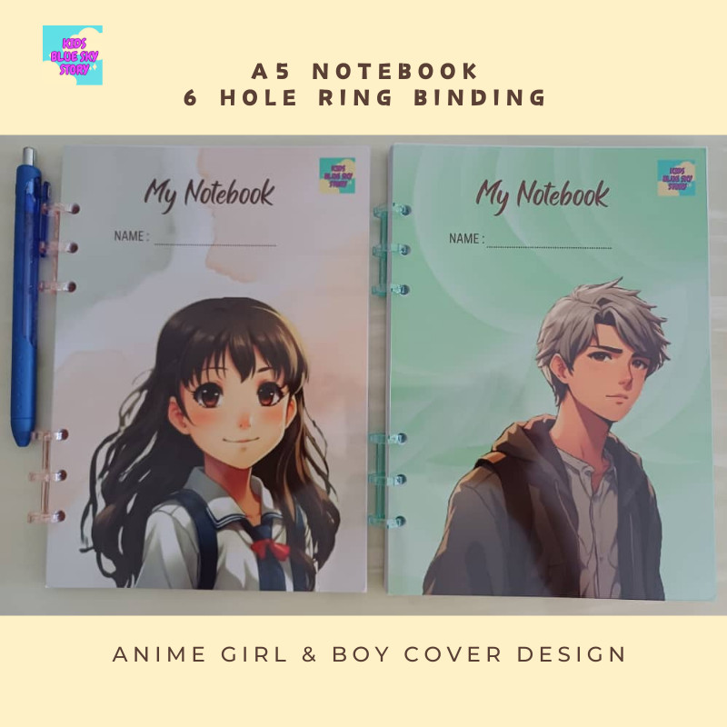 Bundle Deal: 2 Design A5 Notebook 6 Holes Ring Binding - 200pages 80gsm White Paper Line Page (Anime Boy / Anime Girl)