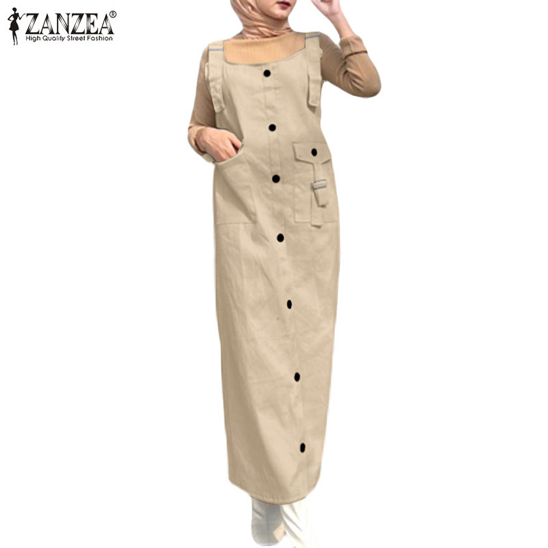 ZANZEA Women Muslim Commuting Fashion Single Breasted Work Bag Work Style Backstrap Dress