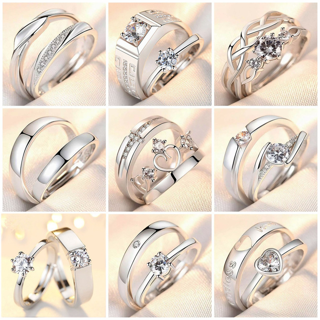 2Pcs/Set Couple Diamond Rings Sterling Silver Lovers Finger Ring Wedding Rings Love Gift Cincin Jari Kekasih Jewellery