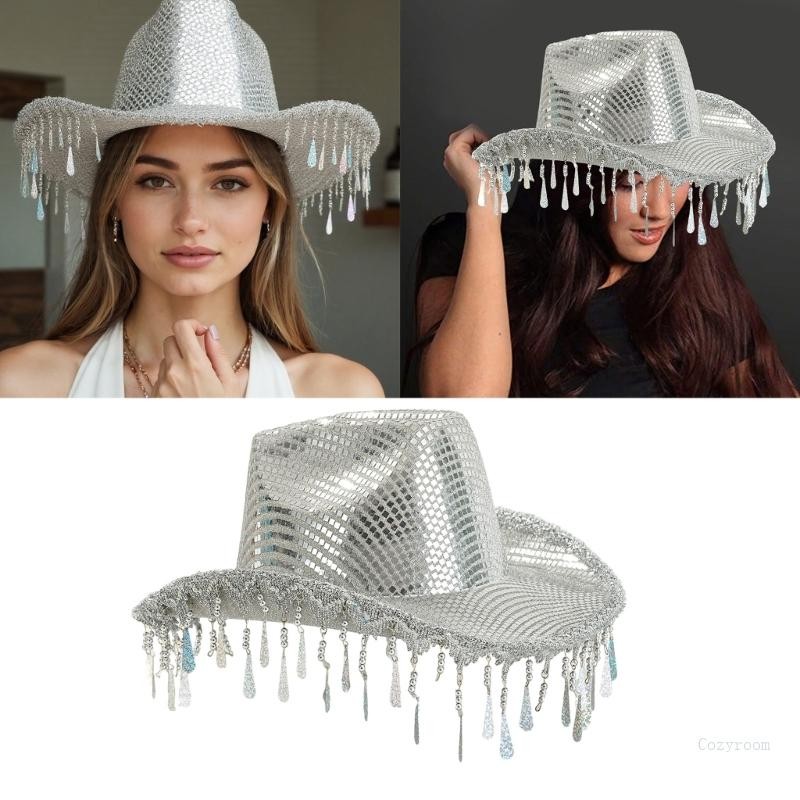 Crazy Sparkling Cowboy Hats Raindrop Tassels Mirrored Hat for Bachelorette Party Cowboy Hats Bride Hat for Actor Actress