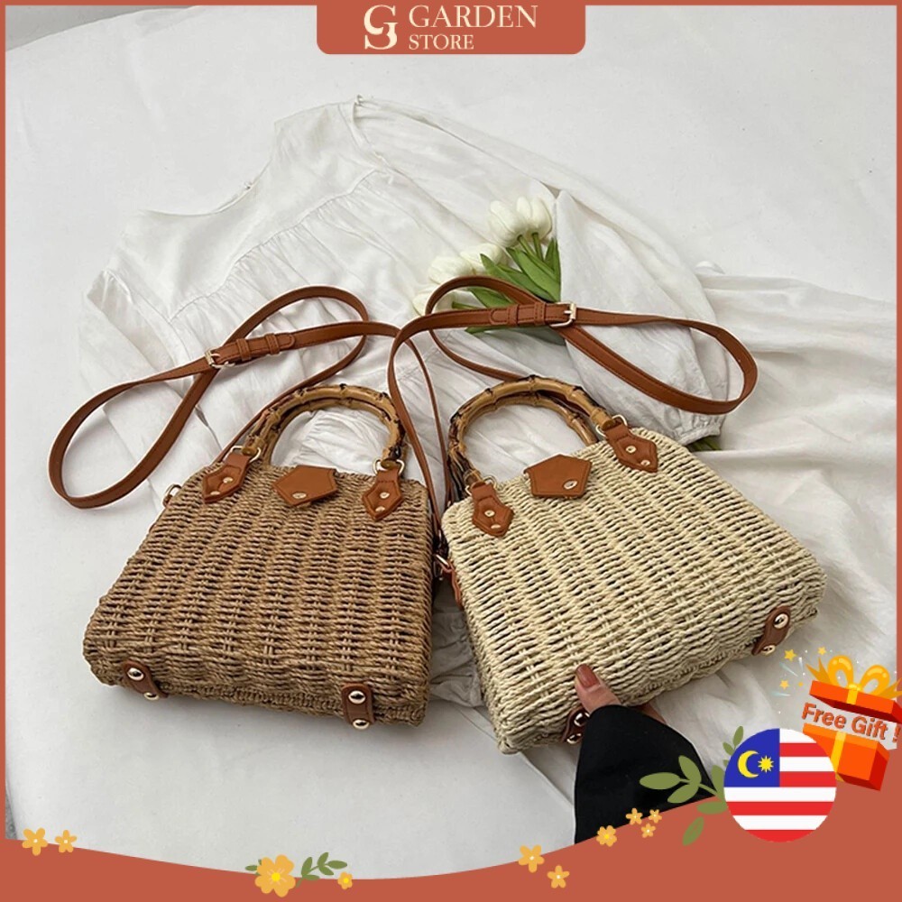 GS Elegant Vintage Bamboo Handle Rattan Straw Woven Bag Bohemian Crossbody Bag Outing Sling Bag Shoulder Bag - 9815