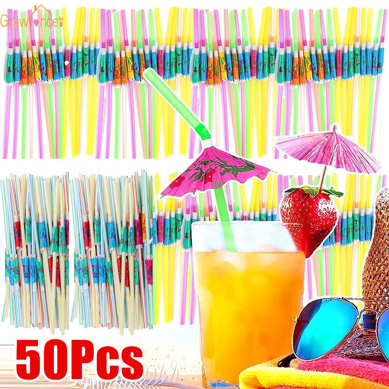 10/50Pcs Bendable Tropical Umbrella Straws Disposable Flamingo Straw Cocktail Juice Party Beach Decor Supplies