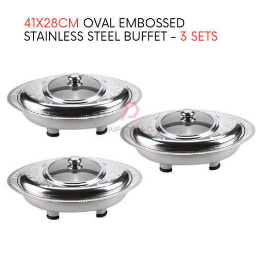 3 Sets 41x28cm Oval Cut Embossed Stainless Steel Buffet Set Catering Serving Tray Food Pan Warmer