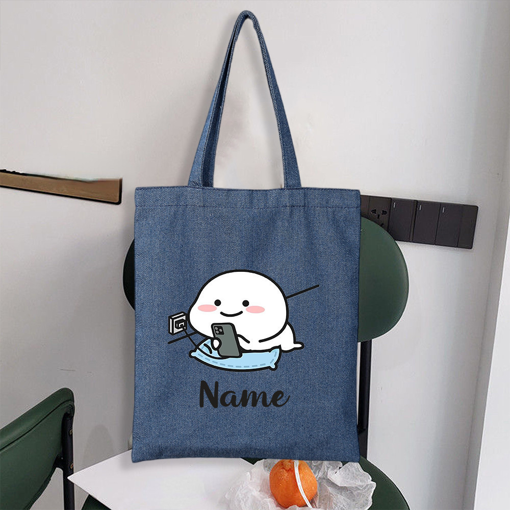 Quby Custom Name Shoulder Shoppers Large Handbag Denim Tote Bags for Ladies Eco Shopping Blue Travel Bags