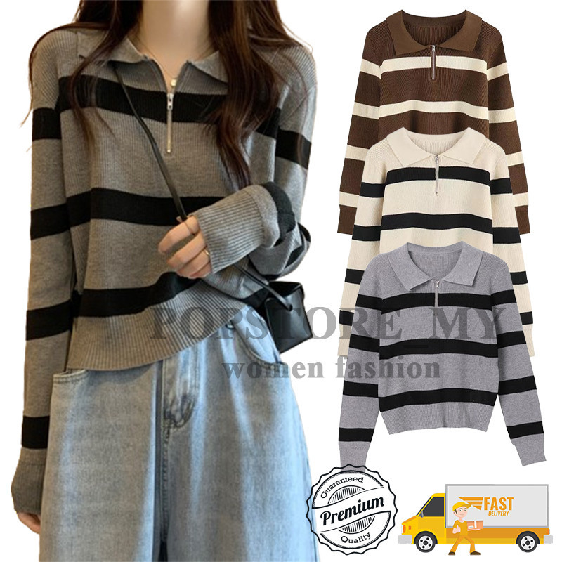 ?Ready Stock?Women Polo Neck Stripe Zipper Thin Knitwear Korean Style Autumn Long Sleeve Loose Sweater