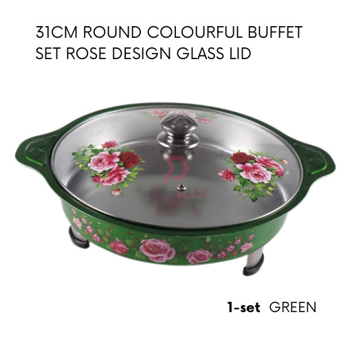 Green 1 Set 31cm Round Colorful Buffet Set Rose Design Glass Lid Food Pan Chafing Dish Tray