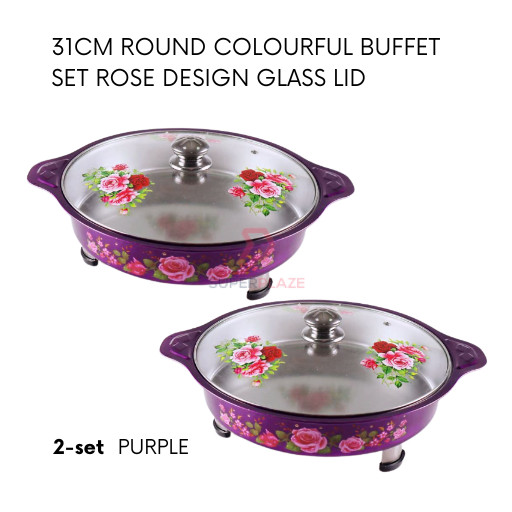 Purple 2 Sets 31cm Round Colorful Buffet Set Rose Design Glass Lid Food Pan Chafing Dish Tray