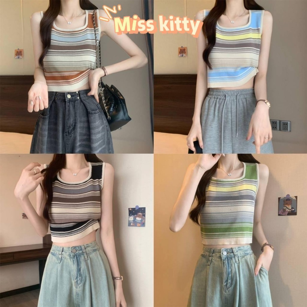 Miss Kitty Knitted Tank Top Striped Details Pastel Round Neck -C