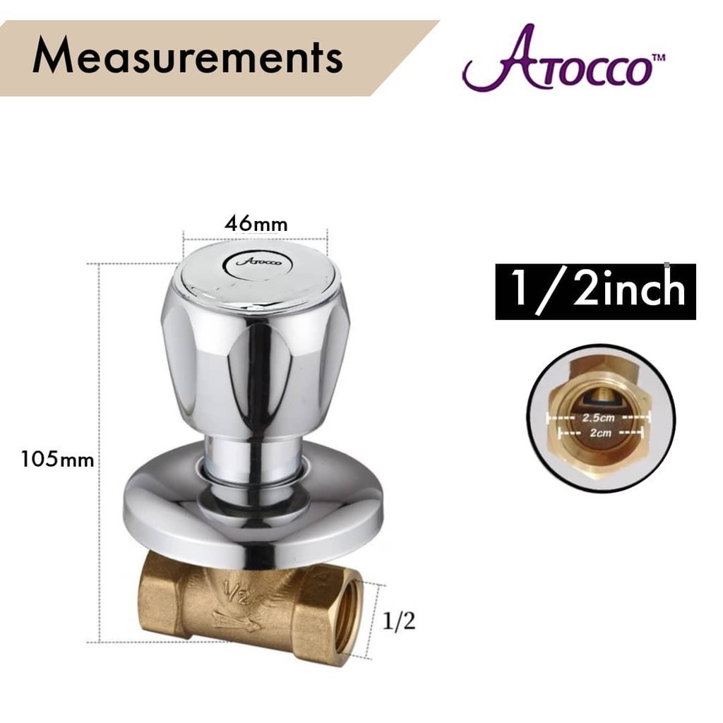 Atocco Full Turn Stop Cock Concealed Chrome 1/2" 3/4" Anti Rust Diamond Handle Bathroom Shower Stopcock
