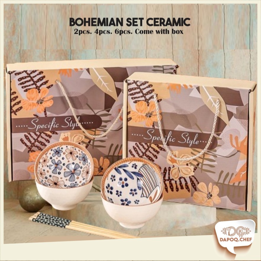 DC Mangkuk Nasi Sup Viral Jepun Bercorak Bohemian Set Ceramic Rice Bowl Japanese Style 2/4/6 Pieces Chopsticks Elegant