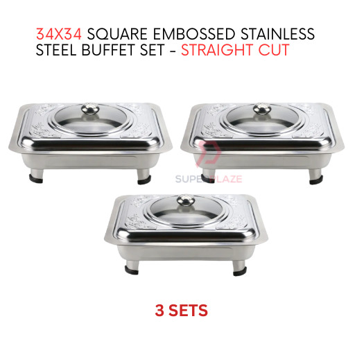 3 Sets 34x34 Square Embossed Stainless Steel Buffet Set Catering Serving Tray Food Pan Warmer