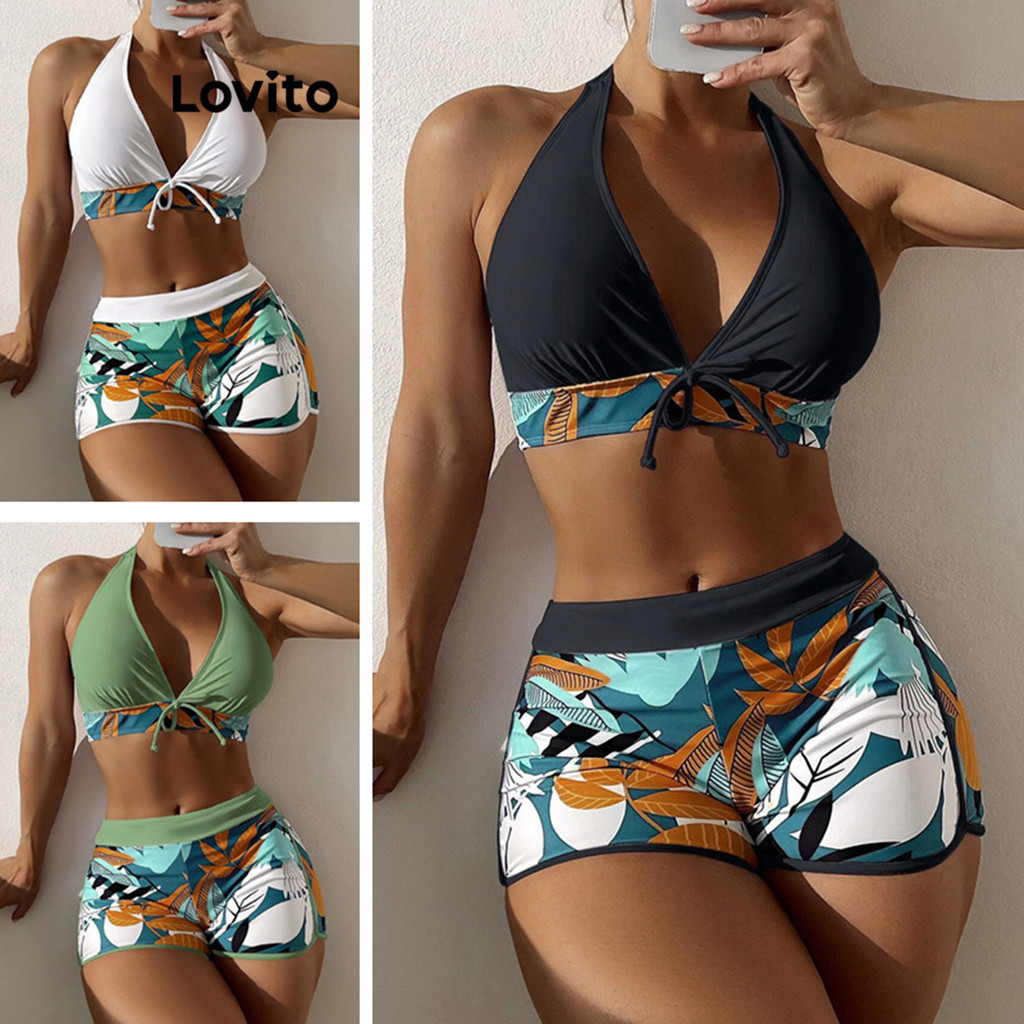 Lovito Sexy Plants Bow Bikini Sets for Women LNL36108 (White/Green/Black) Lovito Set Bikin Pita Tanaman Seksi untuk Wanita