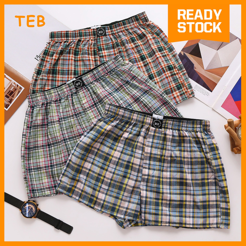 (3PCS | M–2XL) MR Woven Cotton Plaid Boxer Men Underwear Loose Fit | Seluar Dalam Lelaki Corak Petak-Petak