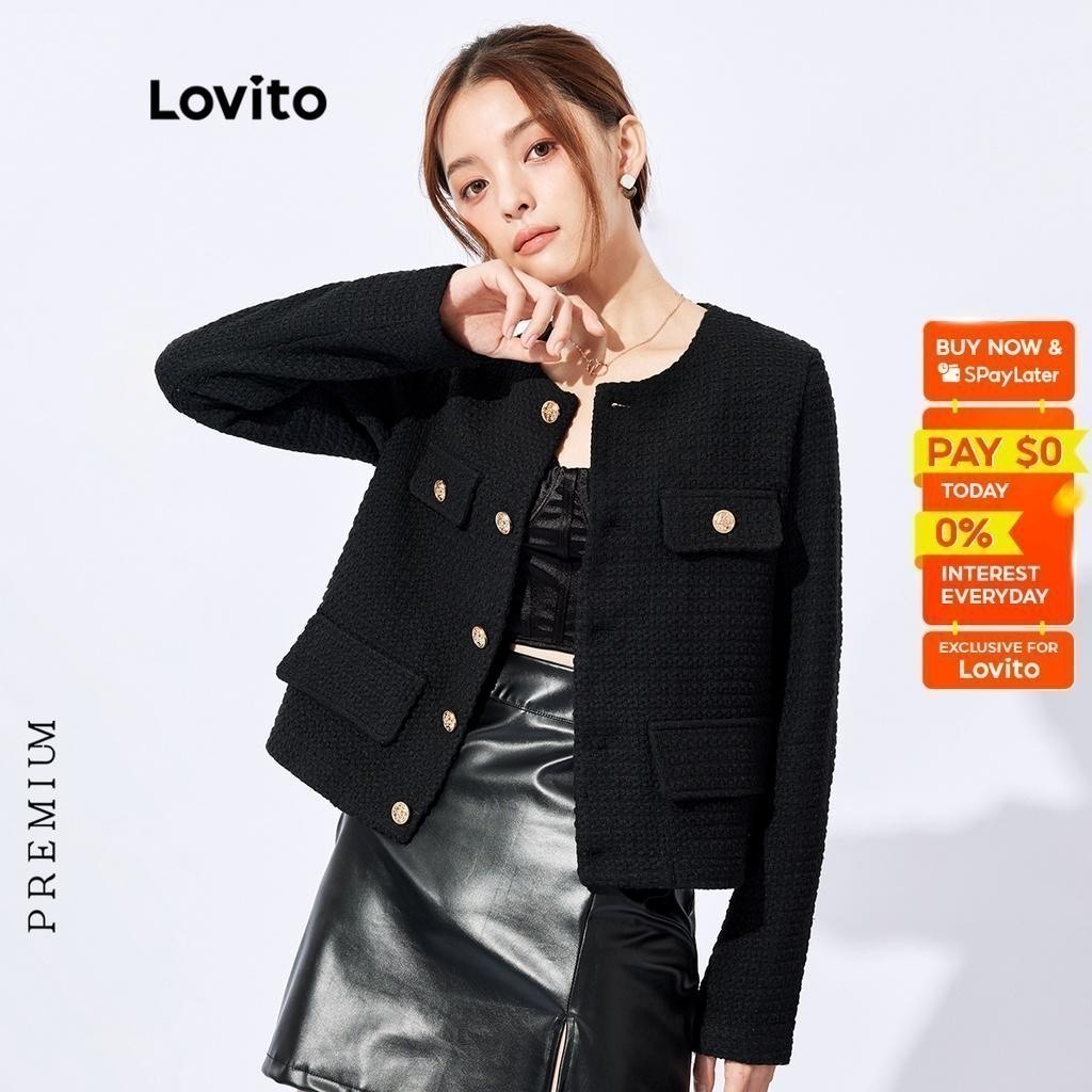 Lovito Elegant Plain Round Neck Button Women Jacket L32FW095 (Black)