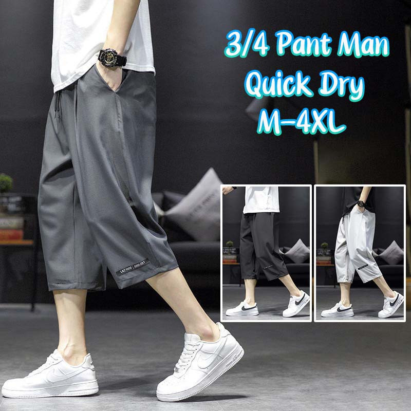 M-4XL Plus Size Oversize Seluar 3 Suku Lelaki Casual Oversize Loose Fit Straight Cut Plain Summer Dry Fit Sport 3/4 Pant Man