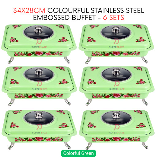 6 Sets Green Straight 34x28cm Colorful Stainless Steel Embossed Buffet Food Pan Catering Food Serving Tray