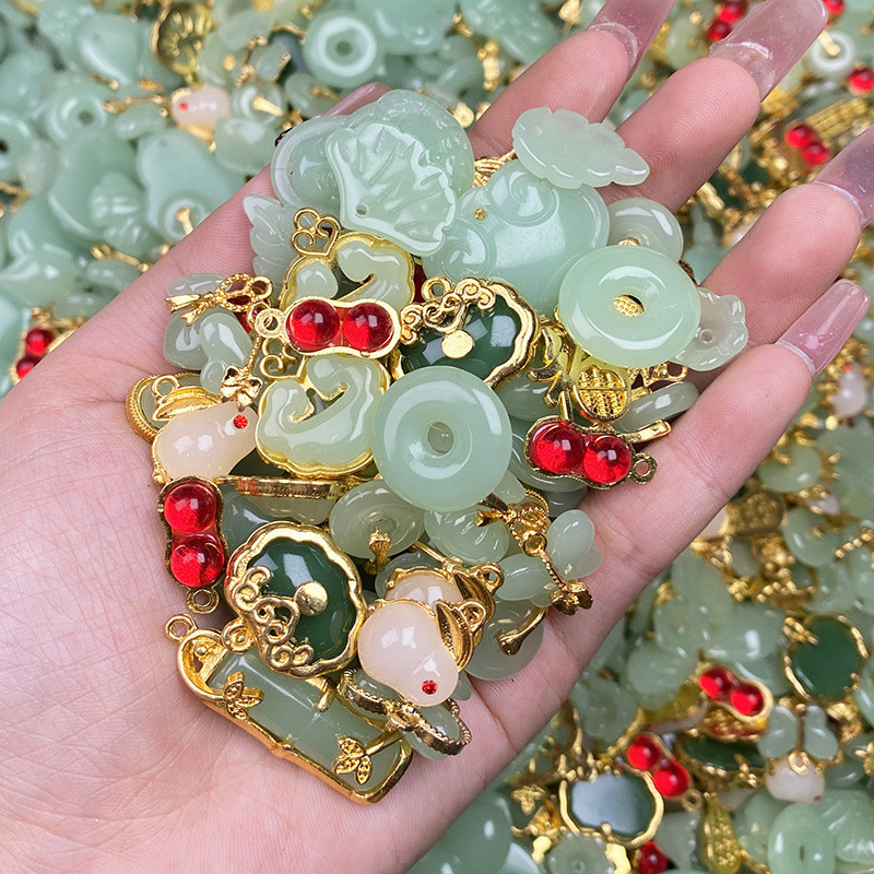 Chinese Color Preservation Ancient Method Sand Gold Imitation Jade Alloy Bracelet Pendant Lucky Bag Peace Buckle Hand-woven Necklace Pendant M