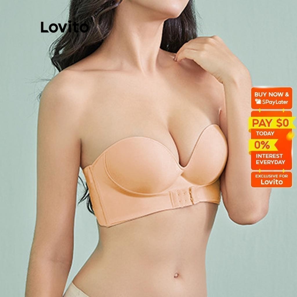 Lovito Elegant Plain Strapless Push Up Front Close Wireless Women Bra L344L017 (Black/Apricot) Lovito Push Up Wireless Bra Wanita tanpa Kawat dan Strap Polos Elegan