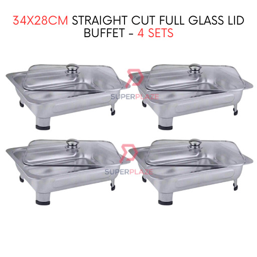 4 Sets 34x28cm Glass Lid Stainless Steel Buffet Set Catering Serving Tray Food Pan Warmer