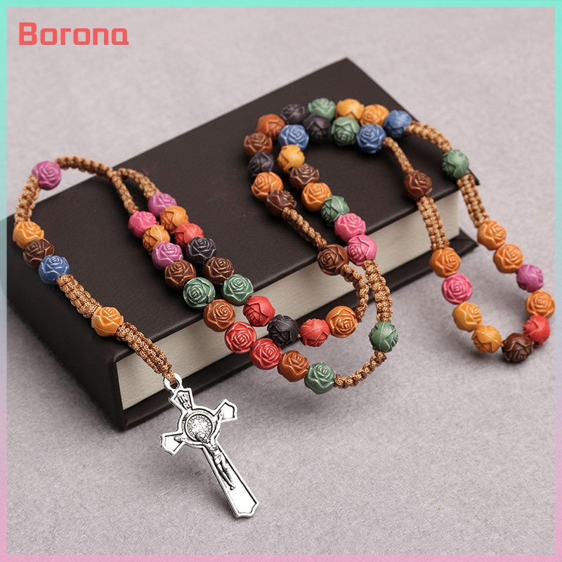 【Borona】 Colorful Rose Beads Cross Rosary Long Pendant Necklace Handcrafted Jesus Religious Prayer Baptism Church Souvenir Jewelry Good