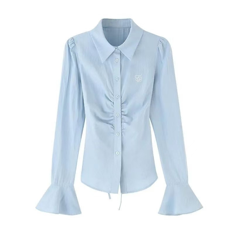 ?Linyufeng? Tunic Blouse Women Outfit Korean Style Student White Blue Classy ironless Ladies Slim Waist Pleated Long Bell Sleeve Shirt Baju Kemeja Putih Biru Perempuan Wanita Terkini Murah Cantik