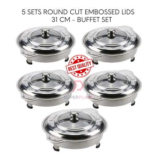 5 Sets 31cm Round Embossed Lids Stainless Steel Buffet Set Catering Serving Tray Food Pan