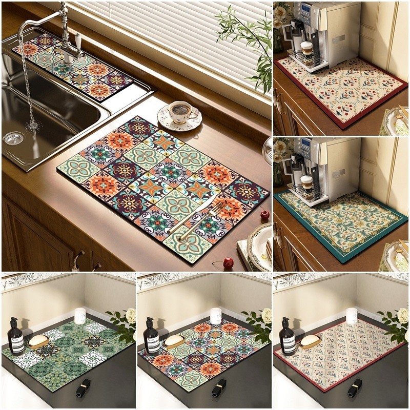 Retro Flower Drain Mat Water Absorbent Sink Mat Kitchen Non-slip Drain Pad Quick Drying Coffee Machine Pad