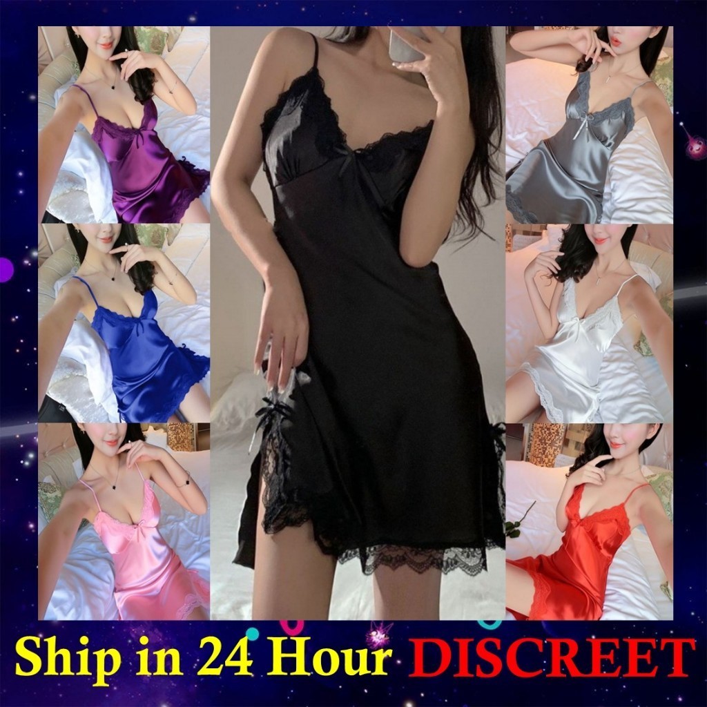 Sexy Lingerie Women Dress Sexy DeepV Straps Temptation Silk Lace Night Dress Sleepwear Pajamas Baju Tidur 冰丝欧美情趣性感丝绸吊带睡衣
