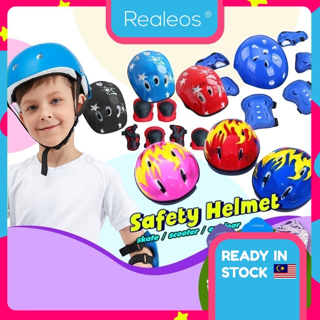 Realeos Kids Inline Skate Cycling Bicycle Bike Protective Gear Knee Pad Roller Boy Girl Safety Guard Helmet Set - R452