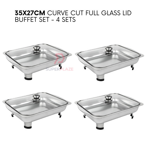 4 Sets 35x27cm Full Glass Lid Stainless Steel Buffet Set Catering Serving Tray Food Pan