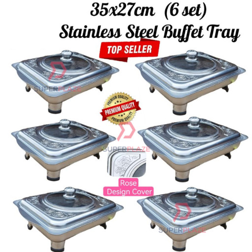 6 Sets 34x28cm Curve Cut Embossed Lid Stainless Steel Buffet Set Catering Serving Tray Food Pan