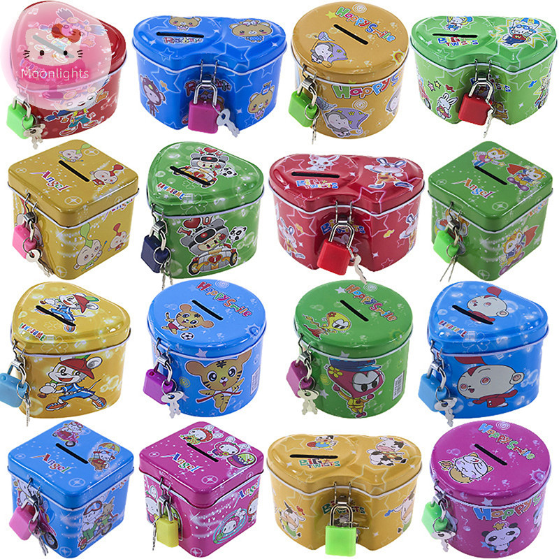 Moonlights Cute Cartoon Square Tin Metal Piggy Bank Saving Cash Coin Money Box Children Kids Birthday Gifts 4 Color With Lock/Key EN