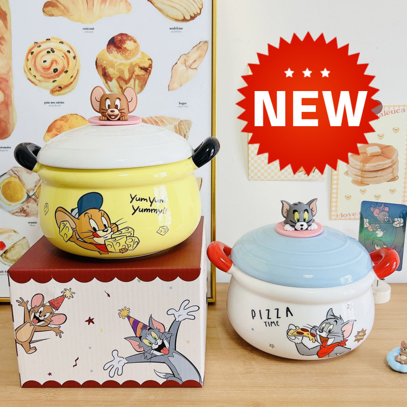 Graby2025 Cat and Mouse Ceramic Bowl Instant Noodle Bowl Double Ear Bowl Rice Bowl Soup Bowl Salad Bowl Cake Bowl Fruit Bowl Porridge Bowl New Style with Lid Student Household Dormitory Ceramic Bowl Birthday Gift Gift Special Bowl Ceramic Bowl Hot Sale Ne