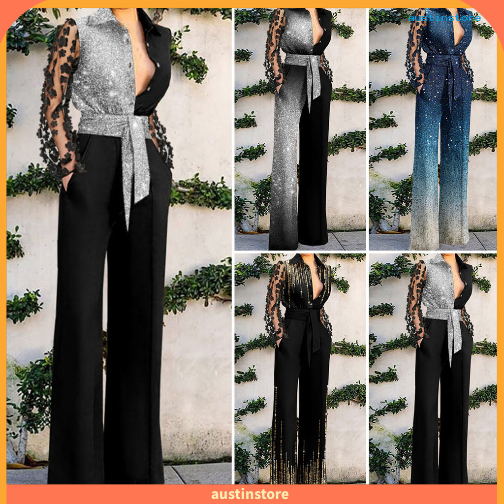 [Aust] Flower Decor Net Yarn Sleeve Women Jumpsuit Turn-Down Collar Patchwork Color Belt Pockets Jumpsuit Streetwear