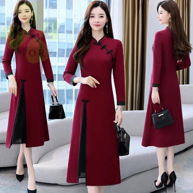 Cheongsam Women cheongsam dress New Year dress dress New Year dress New Year dress cheongsam dress Improved Version dress 2024 New Year dress chinese dress New Year dress Large Size cheongsam cheongsam dress Mid-Length Over-the-Knee Long-Sleeved dress Spr