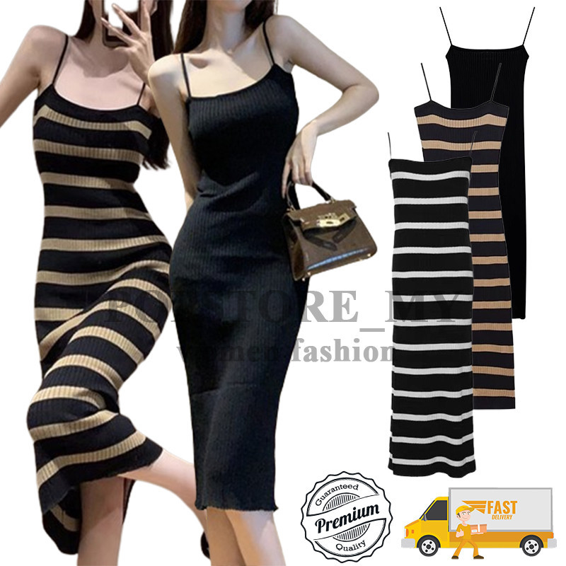 ?Ready Stock?Women Strap Knitted BodyCon Dress Korean Temperament Sleeveless Striped Slim Knitted Midi Dress