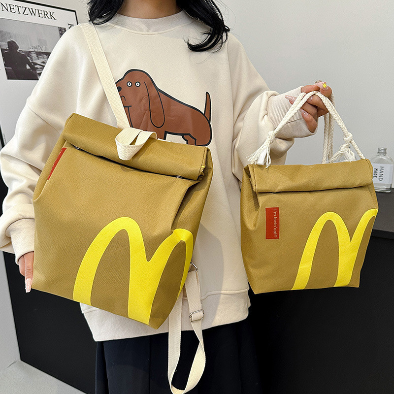 Mcdonald's Schoolbag Wholesale 2024 New Style Letter Printed Paper Bag Backpack Unique College Student Shoulder Bag Foreig