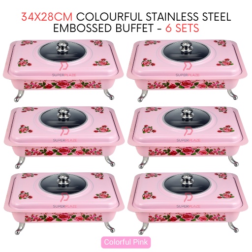 6 Sets Pink Straight 34x28cm Colorful Stainless Steel Embossed Buffet Food Pan Catering Food Serving Tray