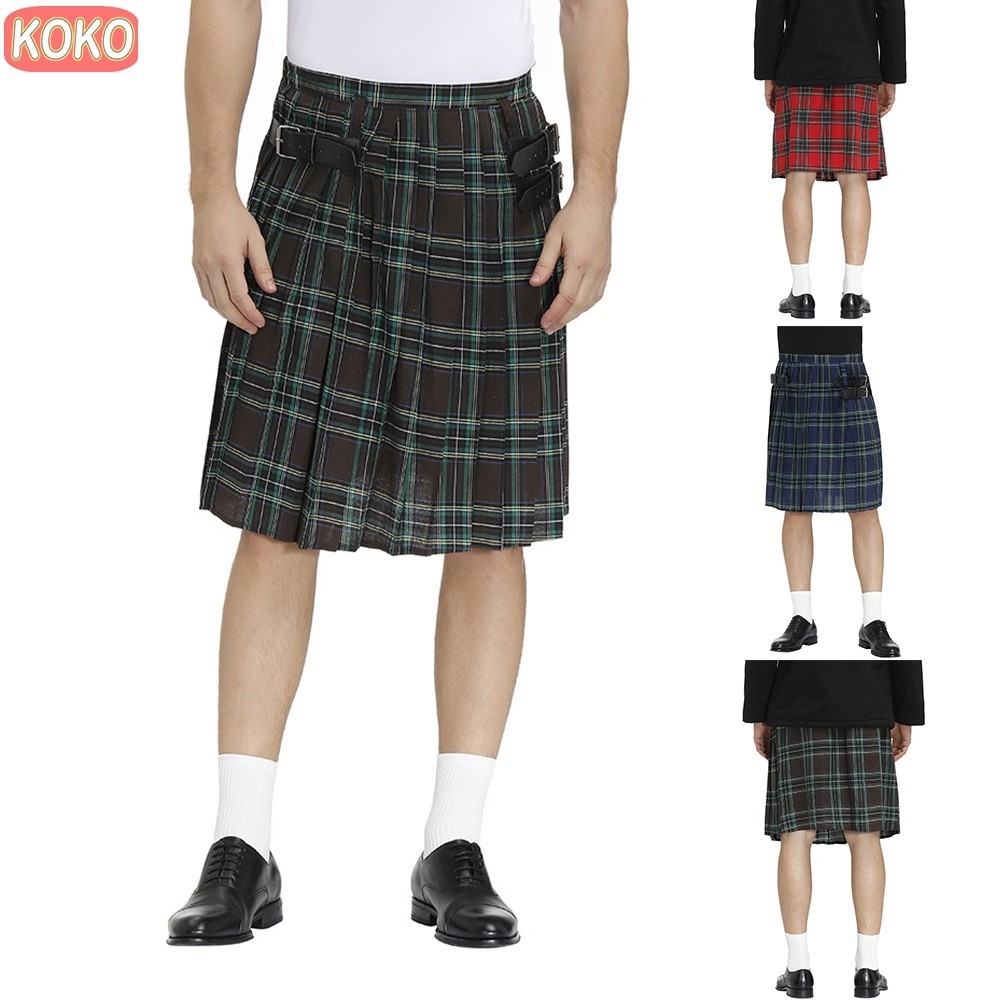 ⭐Ready Stock⭐ Mens Scotland Kilts Highland Beer Tartan Kilt Pleated Goth Outdoor Utility Skirt