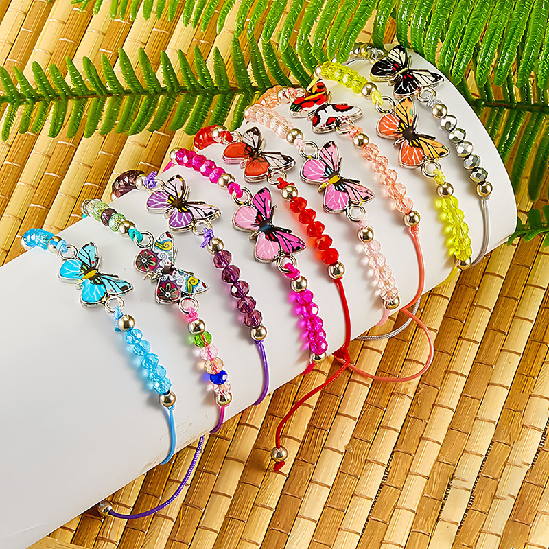 Colorful Enamel Beaded Butterfly Bracelets With Insect Pendant Handmade Adjustable Woven Friendship Bracelet For Women